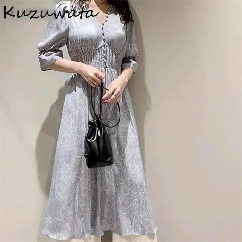Kuzuwata v Neck Long Sleeve Slim Pullover Dress Women Vintage Print High Waist Hip a Line Long Vestidos Spring New Robe 210401