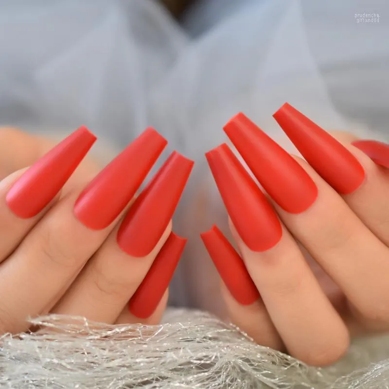 Faux ongles de couleur rouge, pointes d'ongles de haute qualité, presse sur cercueil extra long et mat, faux Prud22