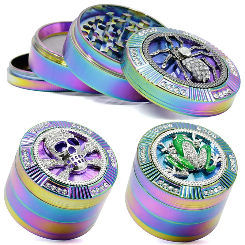 Stili unici Smerigliatrici per erbe a 4 strati Diametro 50mm 52mm Iceblue Colore arcobaleno Diametro in lega di zinco Spider Skull Frog Smerigliatrice in metallo Frantoio per tabacco GR177-G