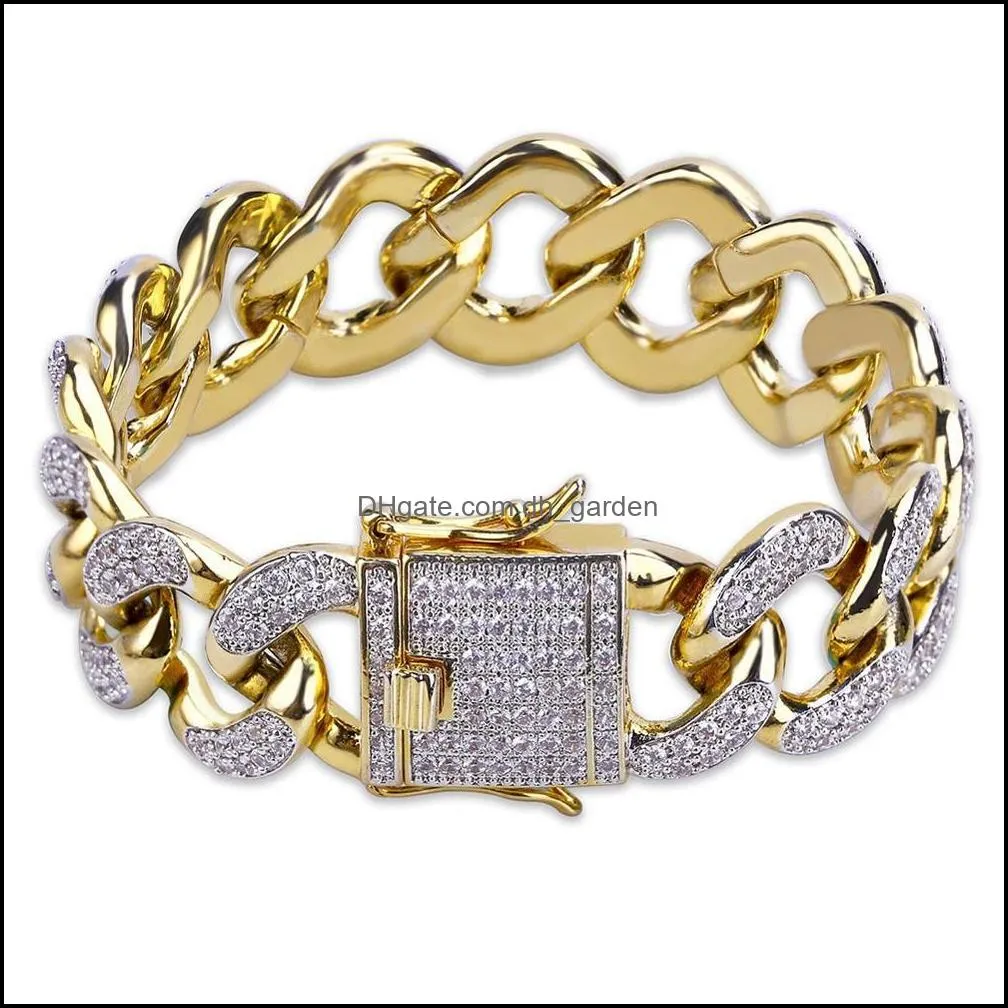 Bangle Bracelets Jewelry 18Mm Hip Hop Cz Zircon Paved Ice Out Bling Gold Color Round Cuban Miami Curb Link Chain For Men Rapper Drop Deliver