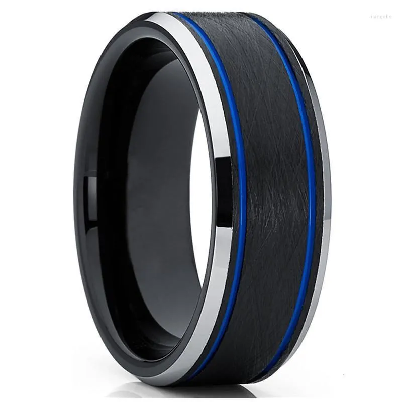 Wedding Rings 8mm Womens Mens Black Blue Tungsten Carbide Ring Band Double Grooved Brushed Finish Comfort Fit JewelryWedding Rita22