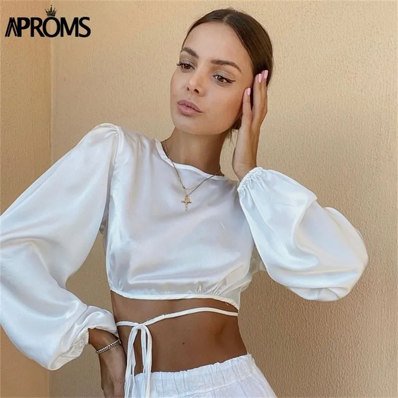 Aproms Soft Satin Backless Bow Tie T-shirt Female Summer Fashion Long Sleeve Slim Tshirt Basic Crop Top for Women Clothing 220321