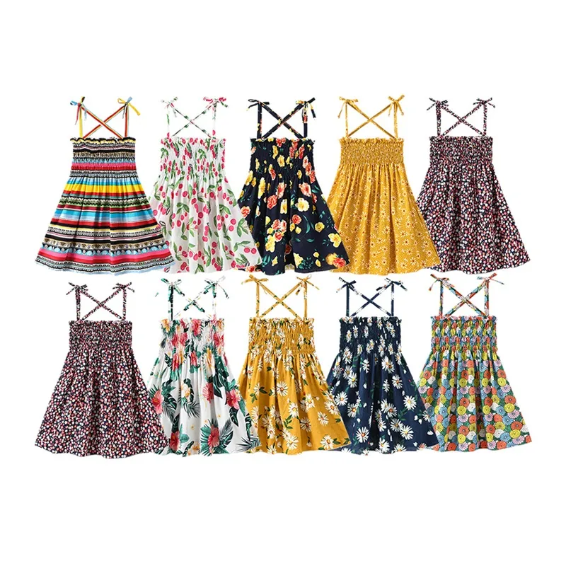 Summer Girl's Dresses Flower Printing Baby Suspender ärmlösa kjolkläder Sandiga strandklänning barnkläder grossist 14 år E3