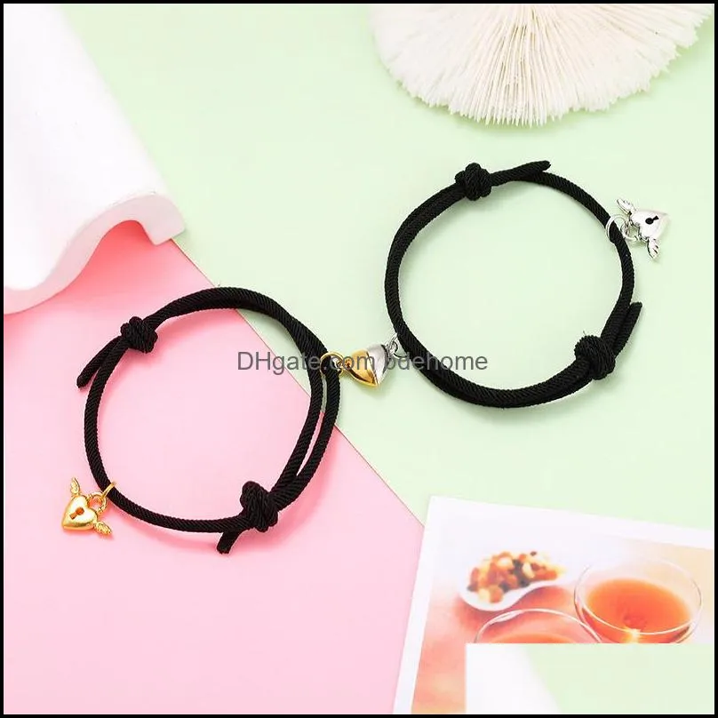 2pcs Heart Magnet Attract Couple Bracelet Lock Key Pendant Love Jewelry Adjustable Braided Rope Bangle for Women and Men