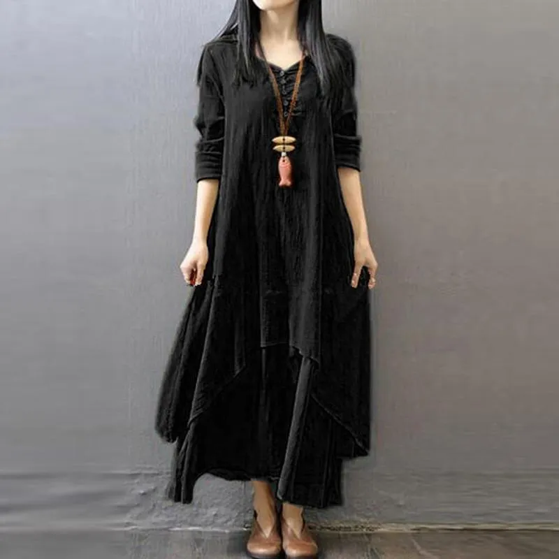 Peasant Ethnic Boho Long linen dress for Women - Autumn Cotton En Long Sleeve Gypsy Kaftan Tunic in Sizes M-5XL (W406 MX190725)
