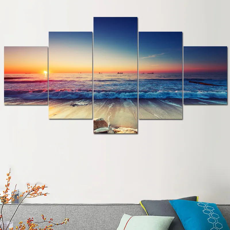 Reliabli art 5 panelen zonsondergang zeegezieningslandschap foto print schilderij schilderij moderne canvas muurkunst voor muur decor huizendecoratie