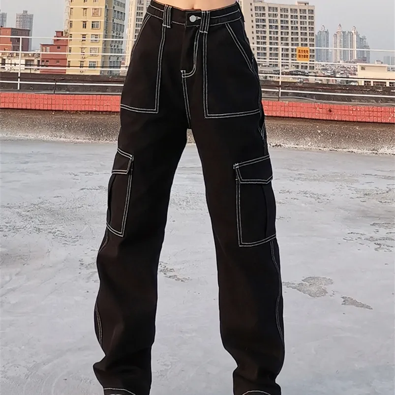 Weekeep Poches Patchwork Baggy Mode Streetwear 100% Coton Femmes Denim Pantalon Lâche Pantalon Cargo Jeans Coréens Harajuku 220722