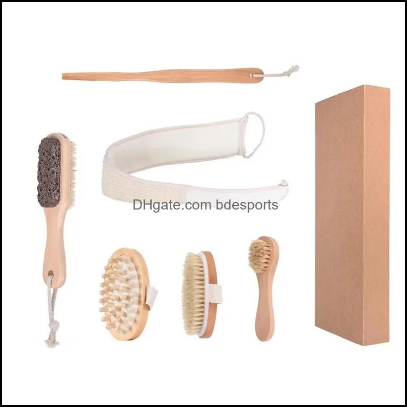 5Pcs Dry Brushing Body Brush Set Massage Brushes Bath Scrubbers Bamboo BodyBrush for Back Exfoliating Natural Bristles Shower Tool
