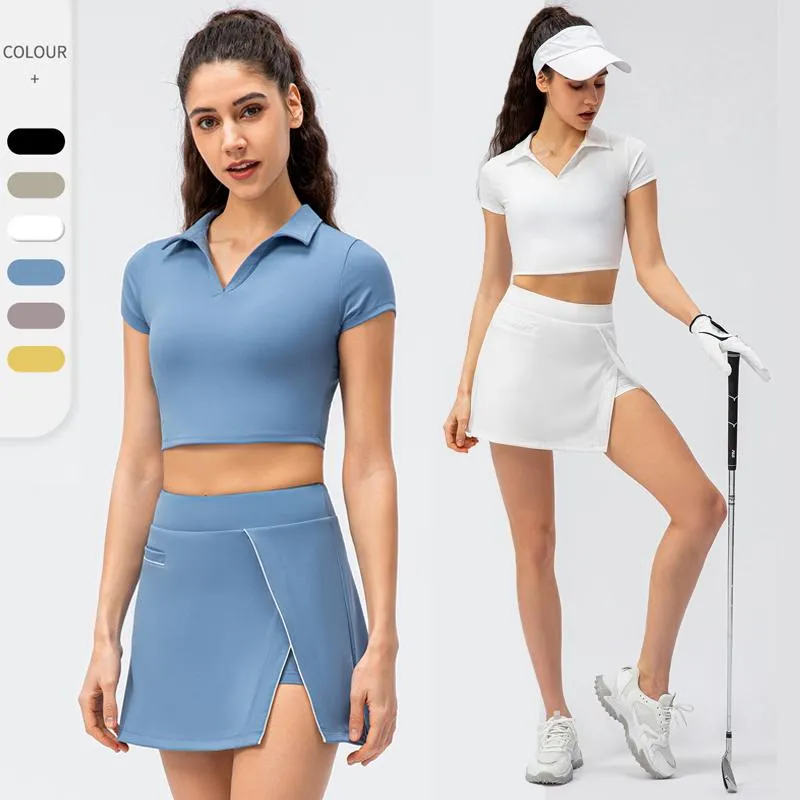 Golf T-shirts Dam Sommar Tennis Yoga Kostym Lapel Fitness Crop Top 2 i 1 Kjolbitar Set Träningskläder Badminton Sportkläder