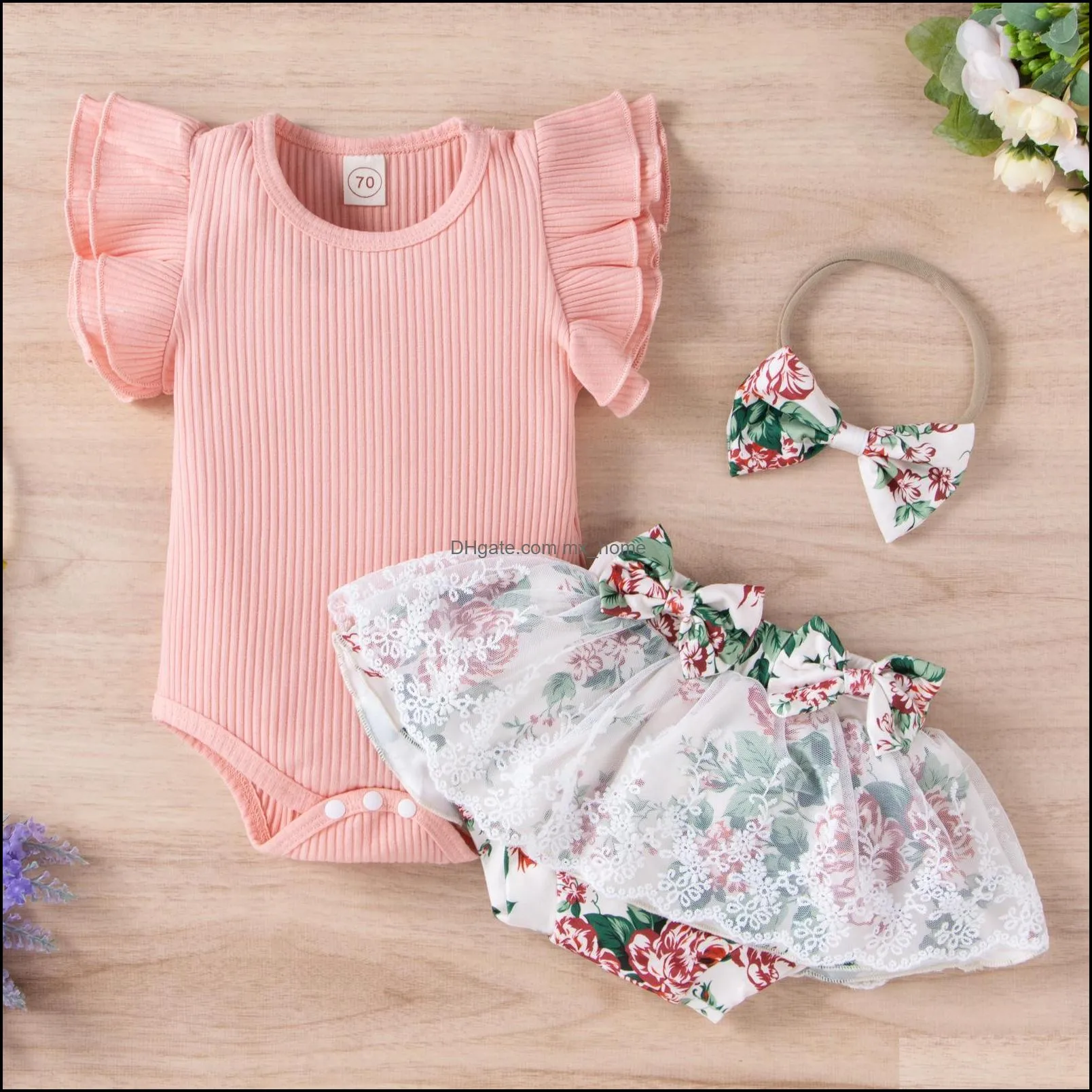 kids clothing sets girls outfits infant toddler ruffle flying sleeve romper tops floral net yarn gauze skirts headband 3pcs/set summer fashion baby clothes