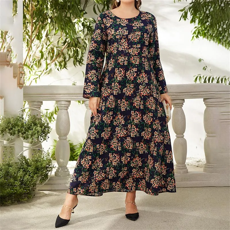 Plus Size Dresses 4XL 5XL Smock Dress Woman 2022 Autumn Long Sleeve Floral Print Casual Large Maxi