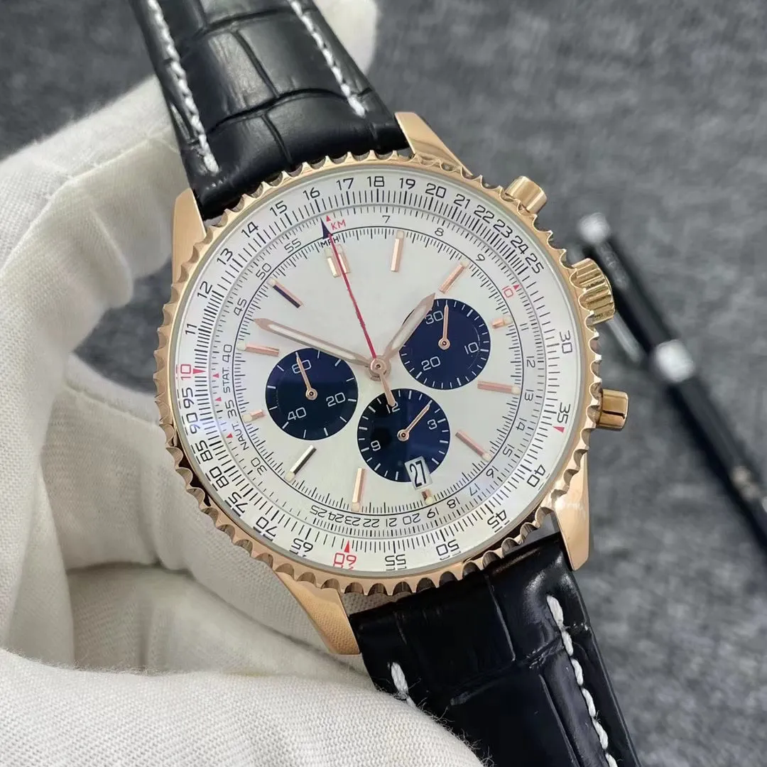 B01 46mm جودة جديدة Navitimer Chronograph حركة الكوارتز الصفراء Case Gold Case Limited Sier Dial 50th الذكرى السنوية الرجال مشاهدة حزام جلدي رجال