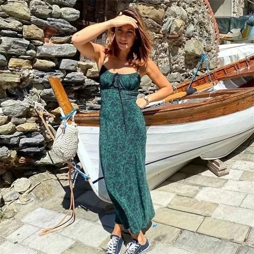 Foridol Kayış Kolsuz Baskı Boho Yaz Elbise Uzun Kadın Yeşil Çiçek Sarı Elbiseler Sundress Vintage Fransız Tarzı Elbise 220421