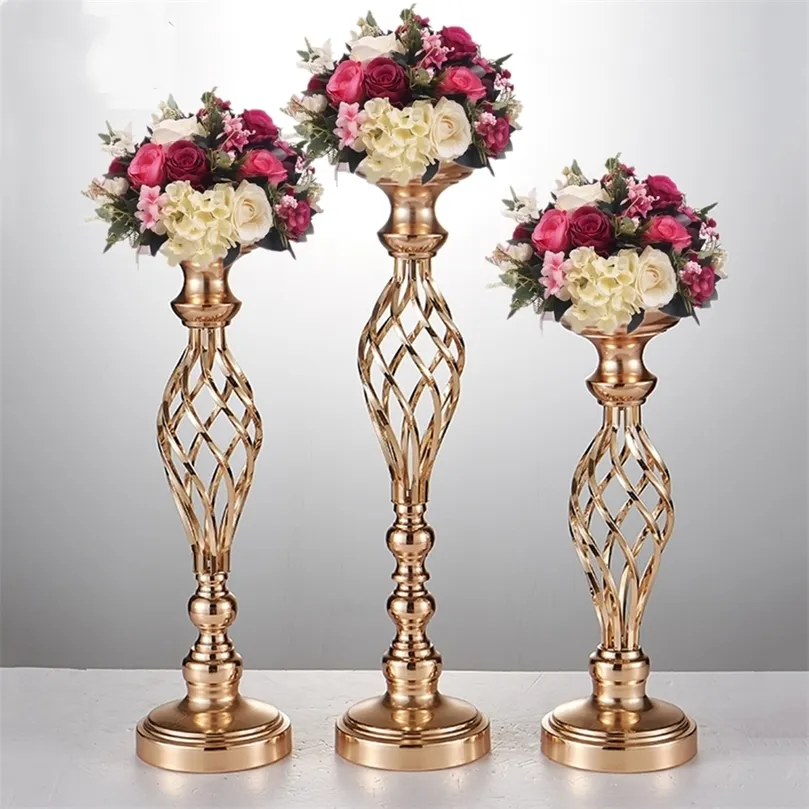 Gold Silver Flowers Vases Candle Holders Road Lead Table Centerpiece Metal Stand Ljusstake For Wedding Party Decor 220527