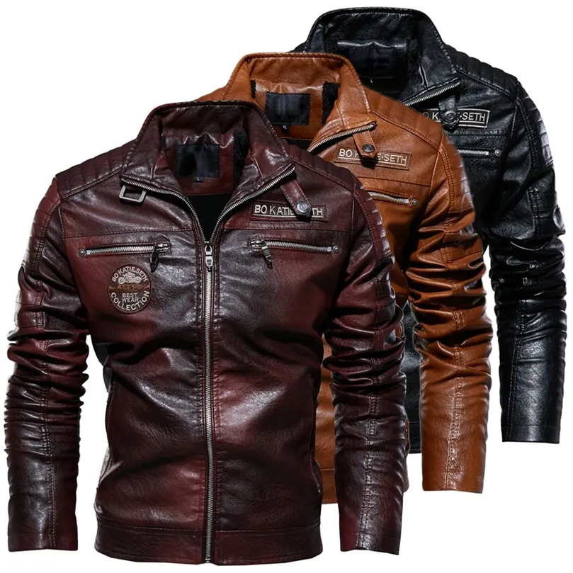 Leather Jacket Men Winter Fleece Motorcycle PU Leather Jacket Mens Stand Collar Casual Windbreaker Ropa De Hombre Slim Coat 7XL 220812
