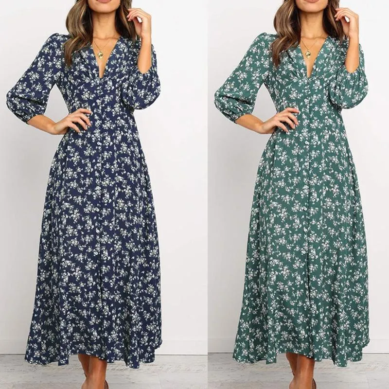 Kobiety Stylowe Boho Styl Drukowanie Długie Rękawy Wysoka Talia Szyfonowa V Neck Elegancka Slim Maxi Sukienka Spódniczki