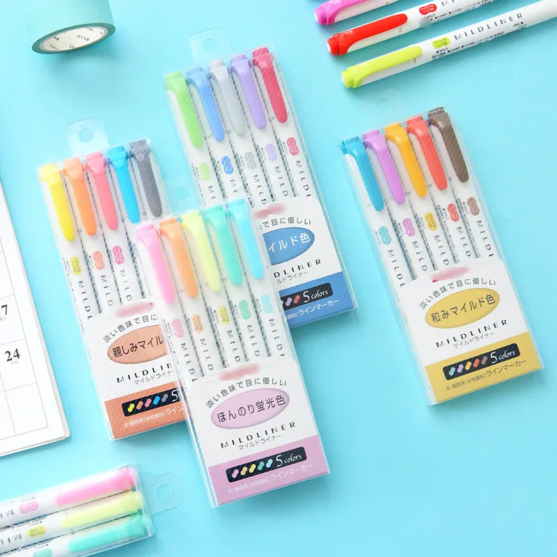 5pcs/set Of Double-Headed Highlighter Stationery Gentle Highlighter Color Drawing Painting Highlighters Art Marker Pen XG0245