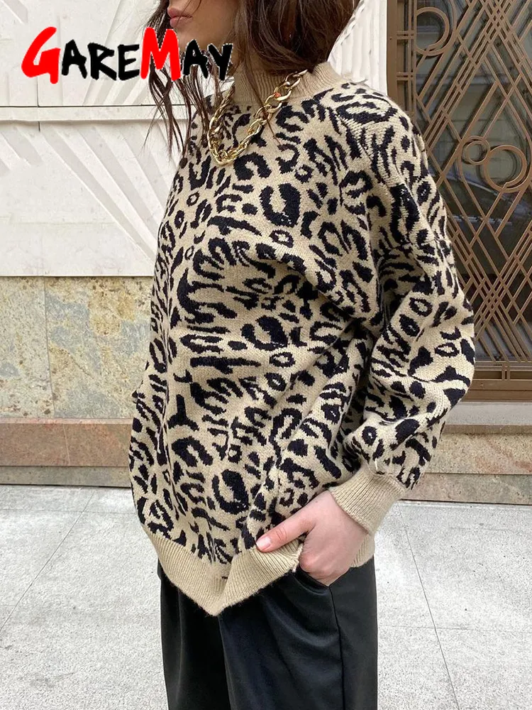 Maglione Donna Dolcevita Maglione lavorato a maglia leopardato Stampa animalier Inverno Spessore femminile Pullover Top casual Maglione oversize L220815