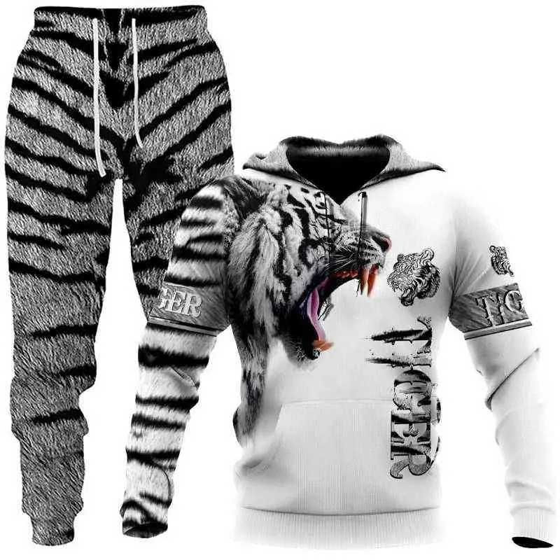 Autumn Winter Tiger Lion Wolf 3D Animal Printed Men's Hooded Sweater Set Male Sportswear Tracksuit Long Sleeve Men Clothing Suit G1217