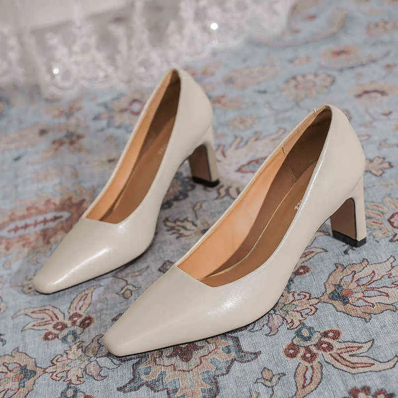 2022 INS Vintage Women 5cm Chunky High Heels Square Toe Pumps Primavera Elegante Office Lady Marrone Beige Tacchi Abito da sposa Scarpe G220425