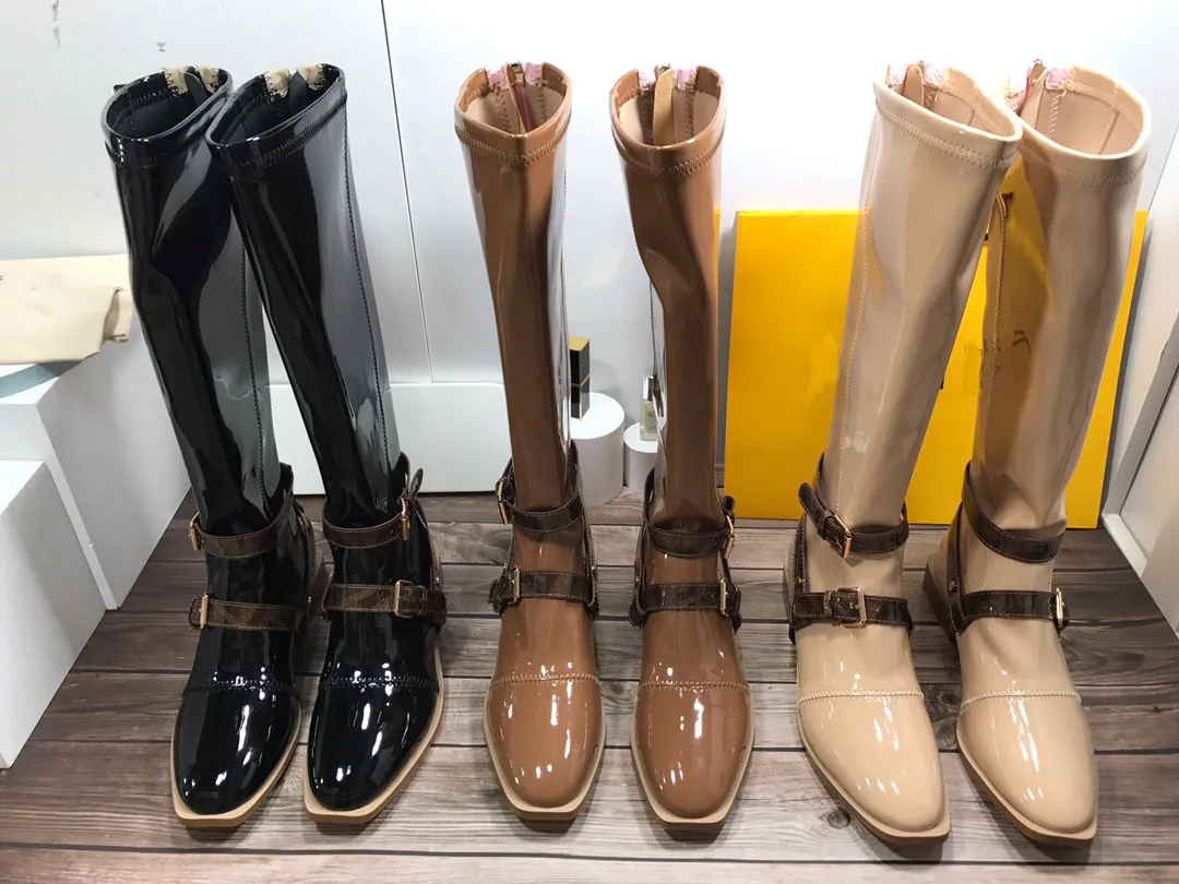 Top luxury - F High Heels Boot Women Knee-high Slip-on Waterproof Low Solid fashion latest female Rain Boots