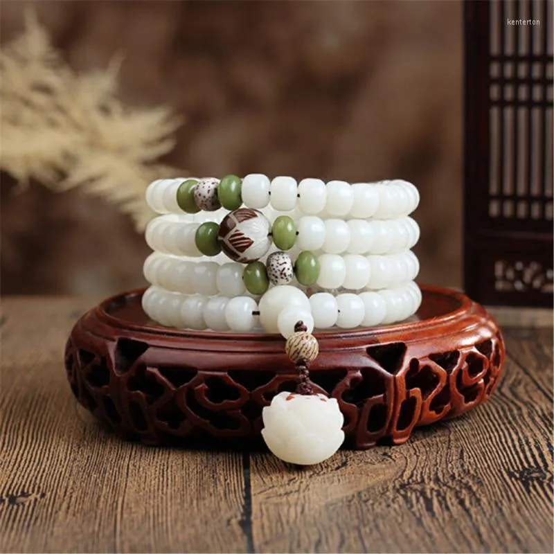 Perlenstränge Design Natürliche weiße Bodhi-Wurzel-Eimerperlen 108-Armband mit handgeschnitzter Lotus-Mala für Frauen und Männer Schmuck Großhandel Ken