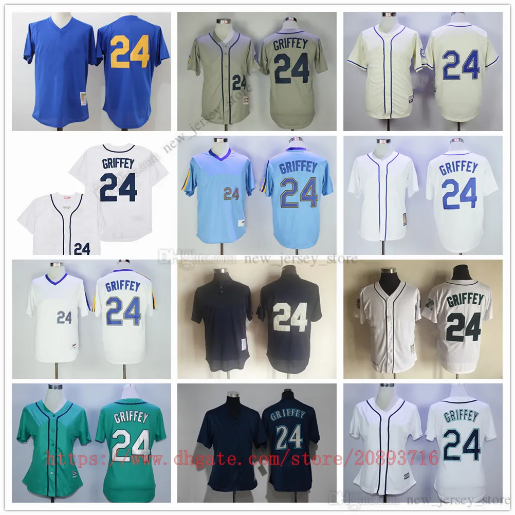 Film Vintage Baseball Jerseys porte cousu 24 KenGriffey tous cousus nom numéro respirant Sport femmes vente maillot de haute qualité