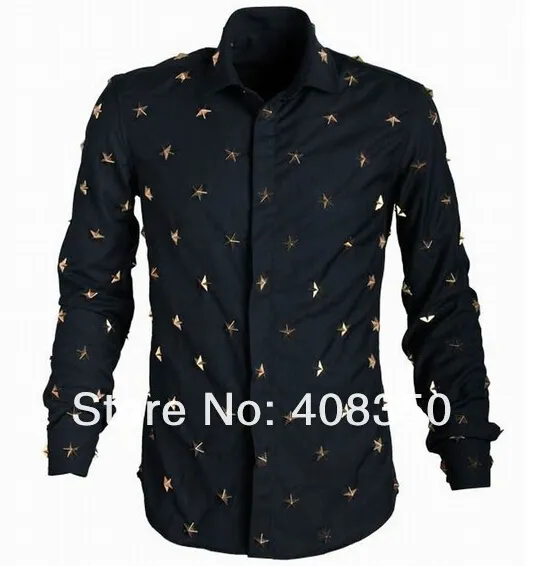 2015 Men`s Euro American Fashion Metal Stars Rivets Long Sleeve Dress Shirt Casual Black Cool Party Masculinas Camiseta Quality (6).jpg