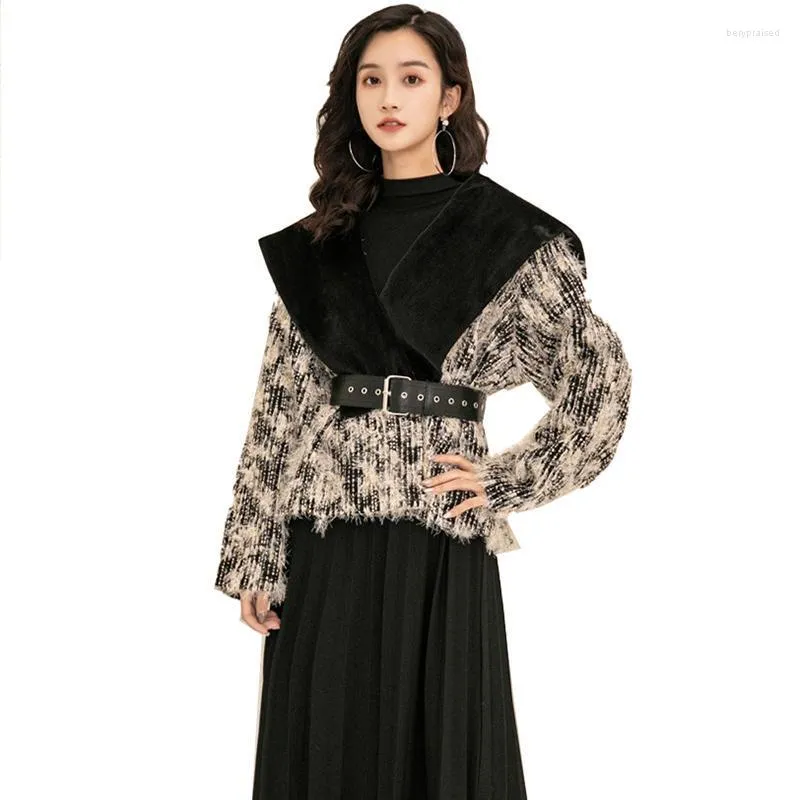 Women's Wool & Blends Winter Coat Women Large Lapel Long-sleeved Furry Motley Belt Waist Super Warm Personality Woolen Y201 Bery22