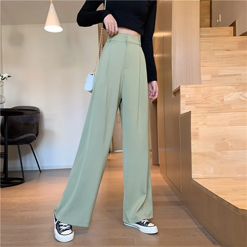 5 Sizes Straight Office Lady Style Lose Wide Leg Pant Basic Solid Simple Street Thin Autumn Woman Trousers 220325