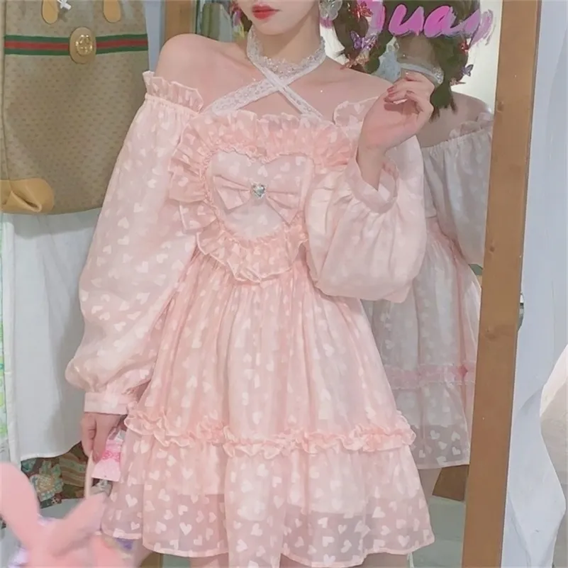 Sonbahar Pembe Tatlı Lolita Elbise Kadınlar Japon Kawaii Peri Parti Mini Elbise Kadın Kore Dantel Halter Sevimli Prenses Elbise 220317