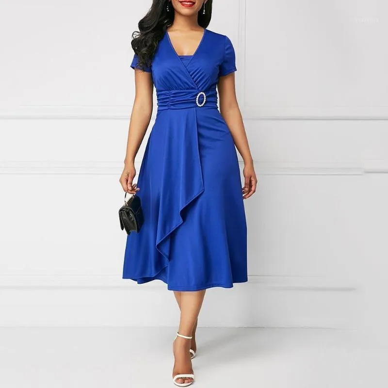 Plus Size Women Short Sleeve V Neck Asymmetric Hem Waist Tight Midi Party Dress Vintage Elegant Dresses Casual