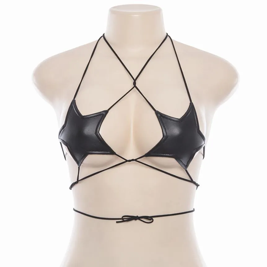 Frauen Shiny Metallic Star Strappy Tube Crop Top Sexy Camisole Neckholder Rave Wrap Around Bandeau BH Lace Up Bralette Schwarz Weiß