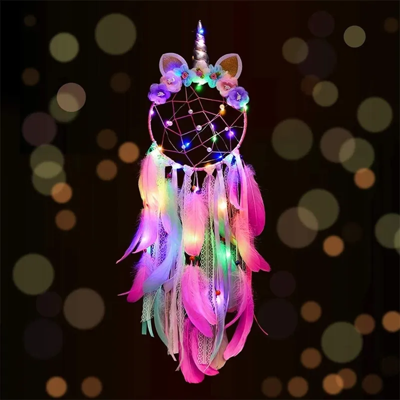 Unicorn Dream Catcher Unicorn Wind Chems Big Dreamcatcher لزينة LED LED Feather Home Decoration Accessories 220517