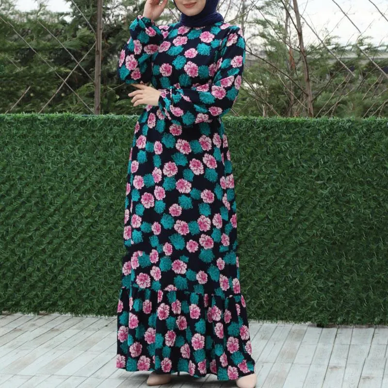 Etniska kläder Patchwork Fashion Muslim Maxi Dresses For Women Crew Neck Full Sleeve Robe Floral Printed Swing Dress 2022 Abayas Senaste