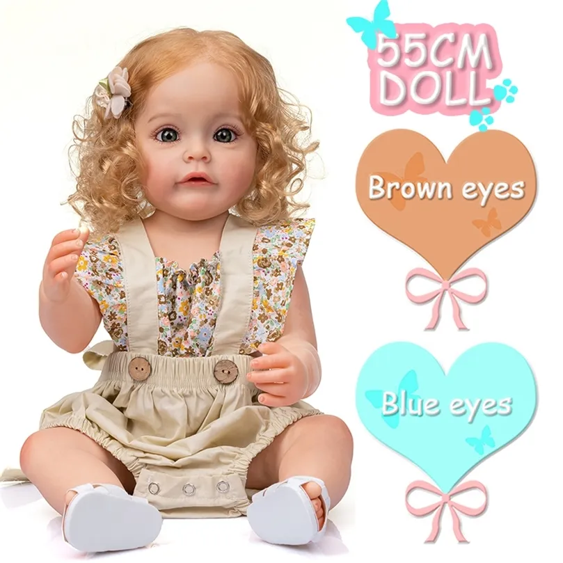 55CM Reborn Toddler Doll Girl Princess Sue-Sue Hand-detailed Paiting Rooted Hair Waterproof FUll Silicone Body dolls for girls 220505