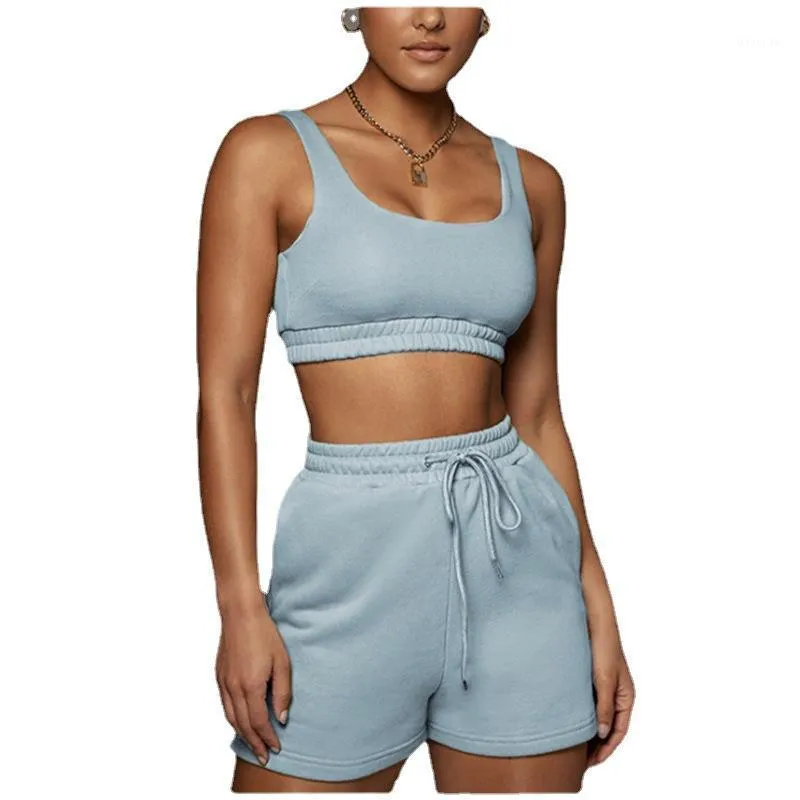 Shorts Femmes 2022 Femmes Deux Pièces Ensemble Summer Fashion Crop Top Casual Solid Sportswear Cordon Gym Ensembles Filles Athleisure Tenues