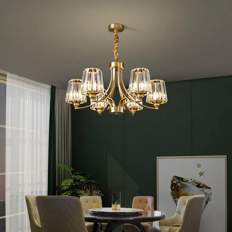 Lampes suspendues Lustre en cristal de cuivre nordique tout en cuivre, salon, chambre à manger, lampe d'escalier, cour tricolore gradation
