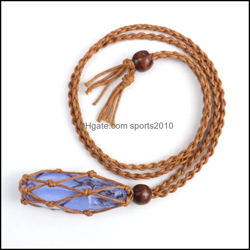 healing crystal column dyed natural stone pillar pendant weave net bag charms green pink crystals brown rope chain necklaces wholesale christmas jewelry