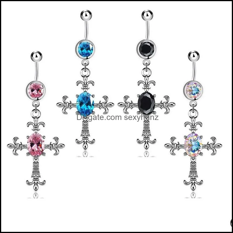 stainless steel belly dangle ring cross bell button navel rings simple design rhinestone body piercing fashion jewelry wholesale