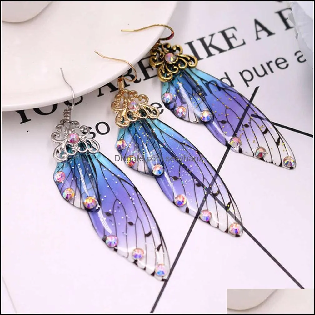 butterfly wing stud earrings fairy rainbow gradient purple green pink blue resin rhinestone long drop earrings for women wedding