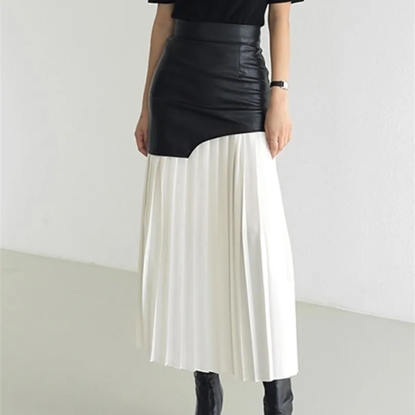 DEAT White Long Autumn Leather Patchwork A-line Wrap Hip Temperament Fashion Women's Pleated Skirt 7Z206 220401