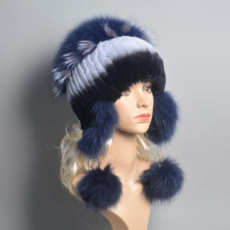Berets Winter Hast For Women Real Rex Fur Elastic Knitted Cap With Fall Bonnets Women's Beanies Hat Ear ProtectorBerets BeretsBerets