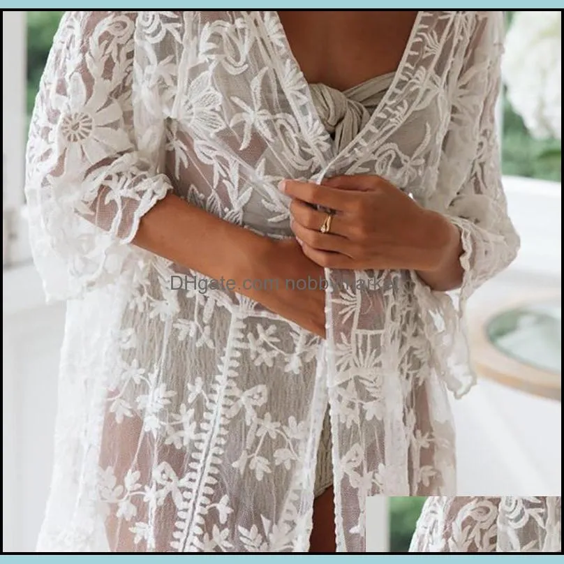 White Mesh Cover Embroidery Lace Beach Up Vestido Playa Kaftan Robe De Plage Pareo Bikini Tunics Sarongs