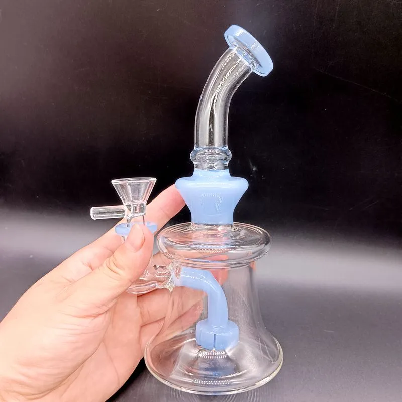 Mini 8 inch Clear Glass Water Bong Hookahs with Blue Tire Perc Delicate Oil Dab Rigs Smoking Pipes Female 18mm