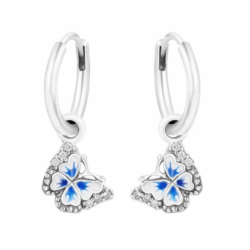 Stud Spring Blue Butterfly Hoop Boucles d'oreilles pour femmes Femme 925 Bijoux en Argent Sterling Boucle d'oreille de fête de mariage Argent BrincosStud