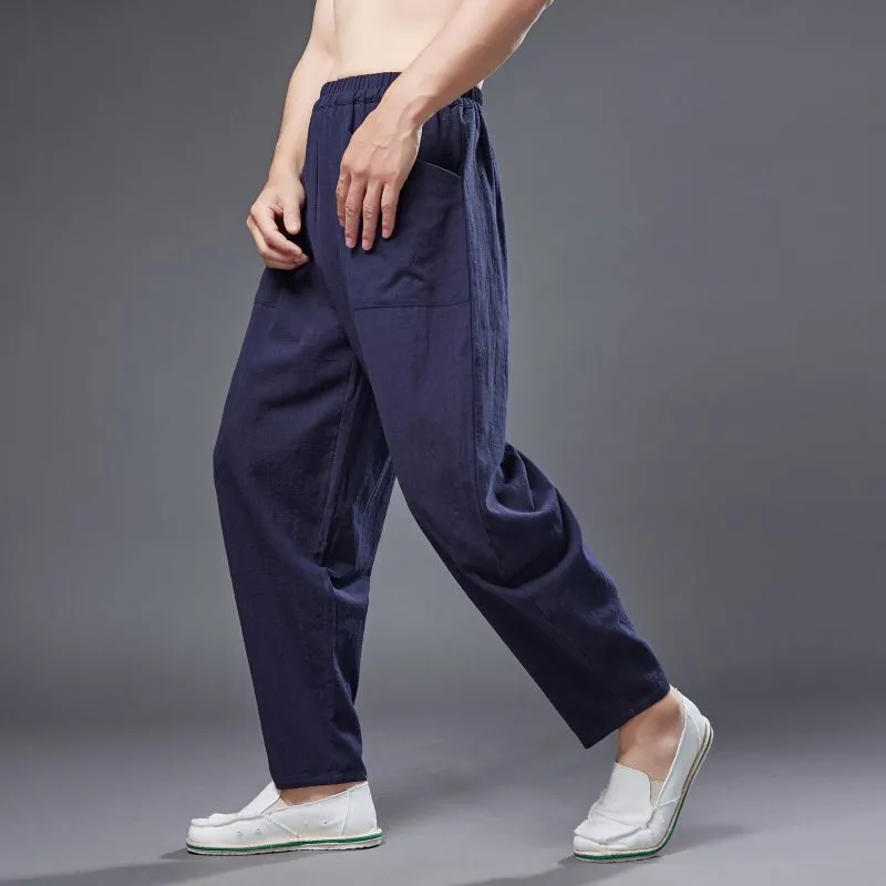 Pantalon en coton et lin pour hommes taille élastique solide Streetwear Joggers Baggy pantalons de survêtement style chinois pantalon décontracté hommes