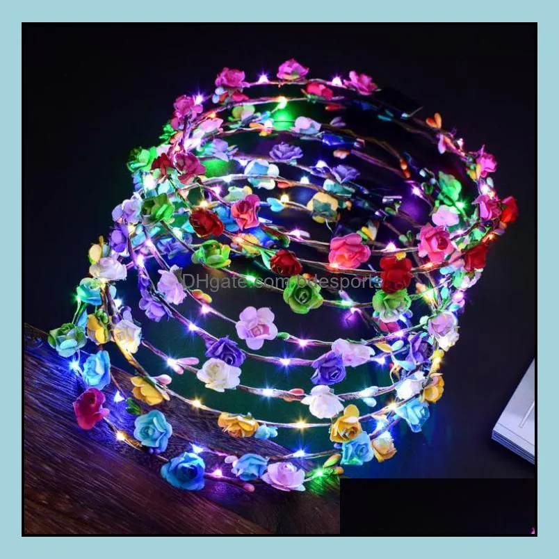 Decorative Flowers Wreaths Festive Party Supplies Home Garden Led Glow Crown Headbands Light Rave Floral Hair Garland Wreath Wedding Drop