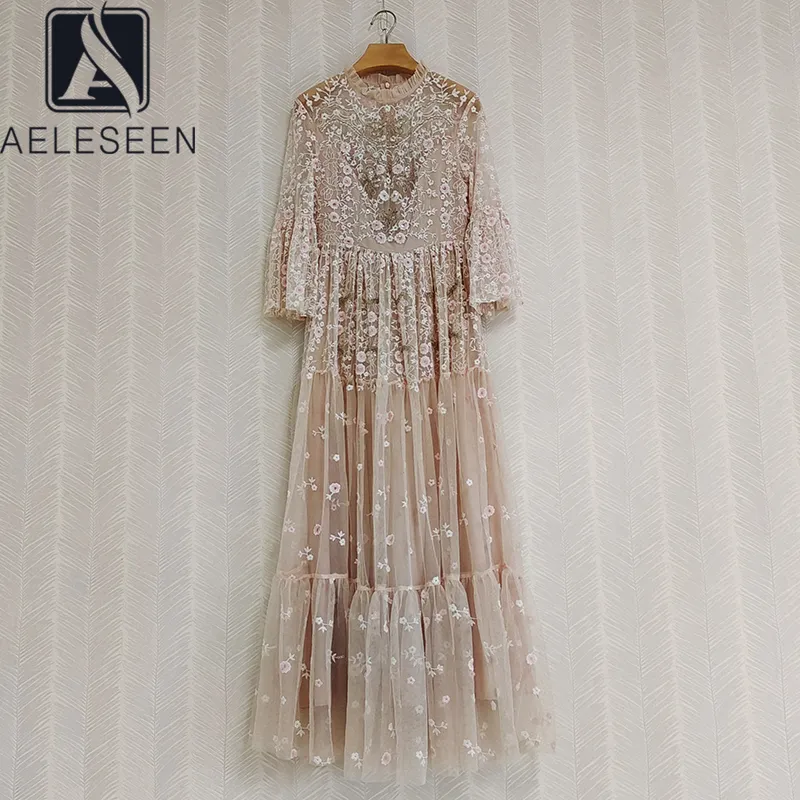 Aeleseen Designer Fashion Maxi Runway Long Flare Sleeve Ruffled Ruffled Villing Hearged Mesh Flower Drothes 220518