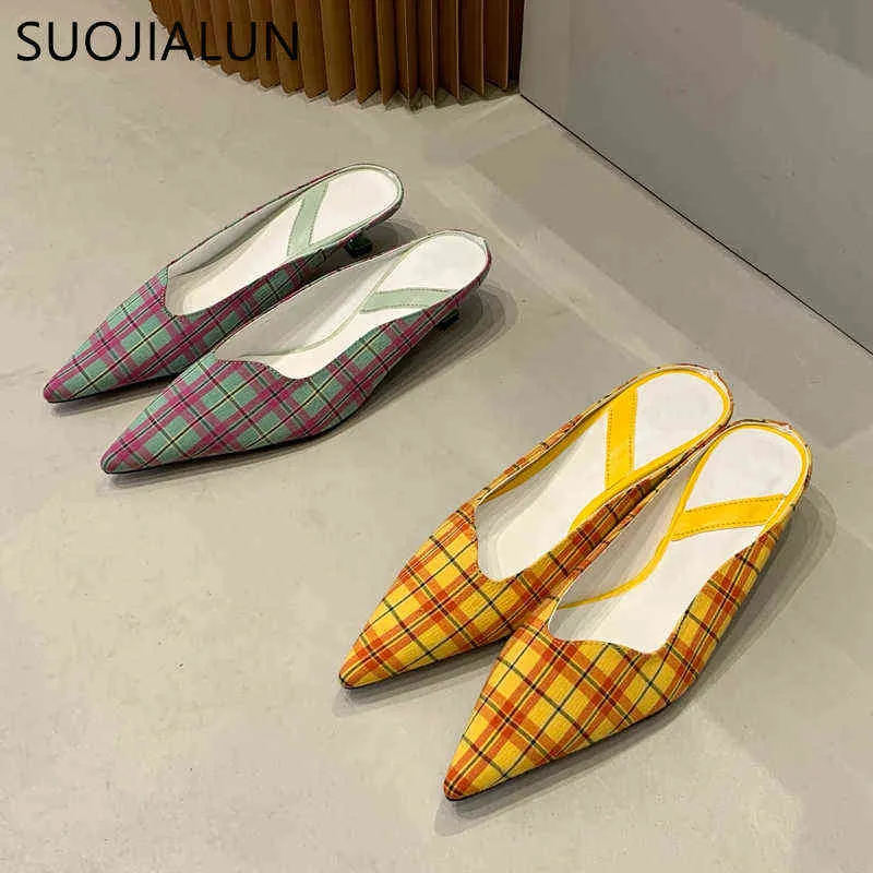 Suojialun Summer Fashion Plaid Women Slipper Nieuw merk puntige teen ondiepe slip op muilezels schoenen dunne lage hak sandaal 220509